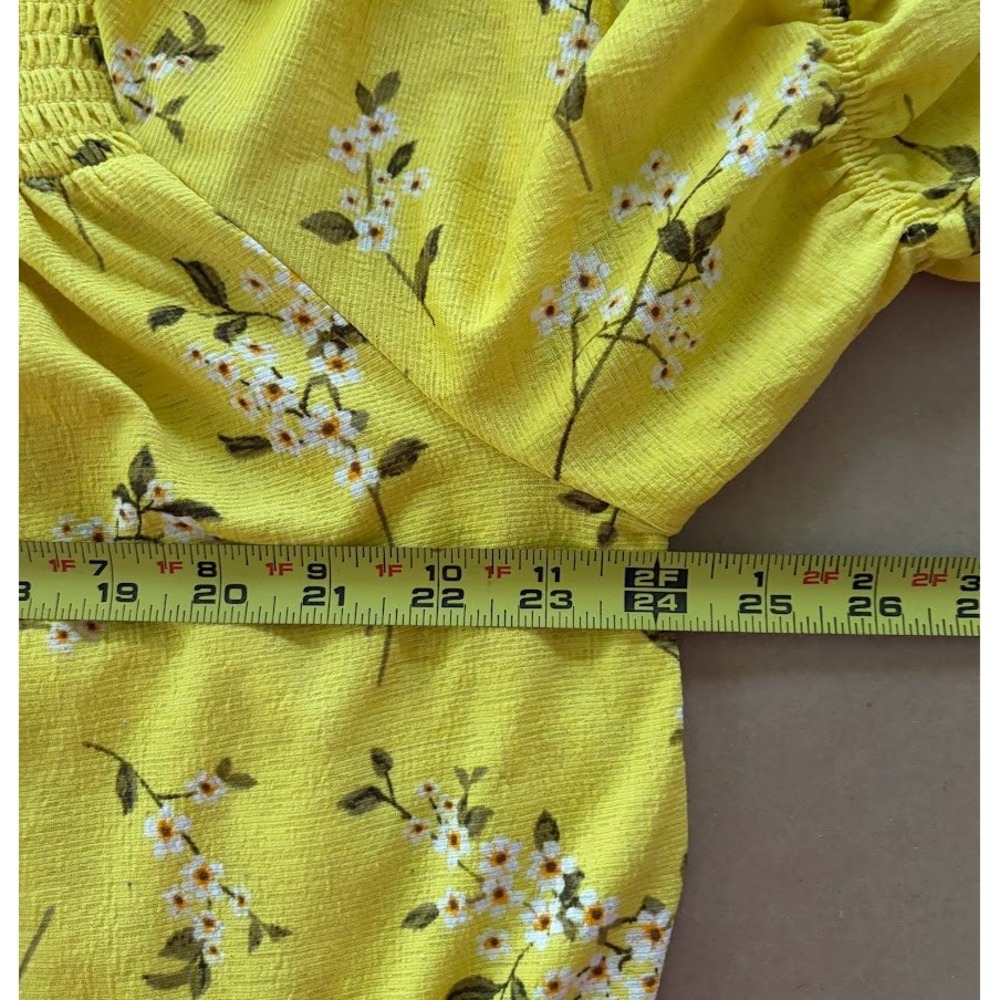 Melloday Yellow Floral Smocked Ruffle Neck Blouse Large Prairie Garden Peasant - Picture 8 of 9